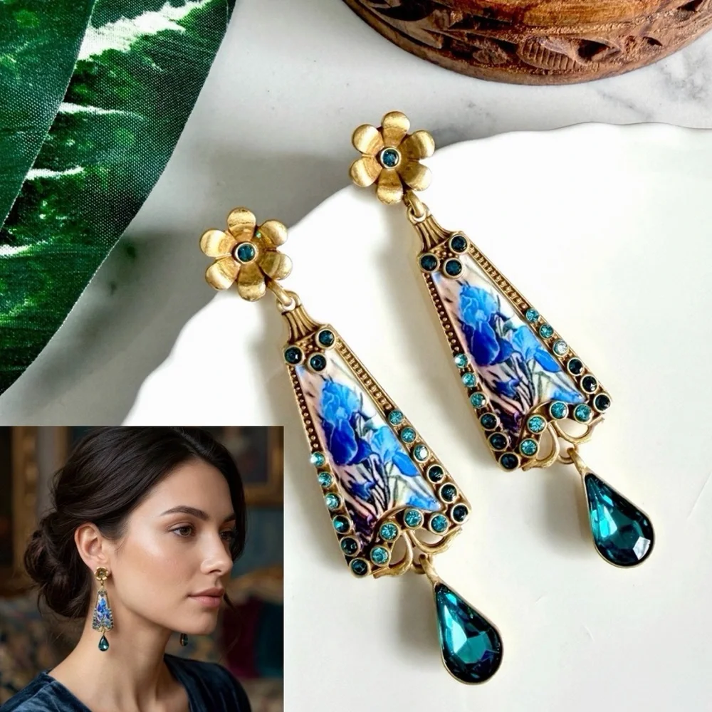 Blue Iris Floral Crystal Earrings Vintage Style Ornate Jewelry Baroque Gift NEW